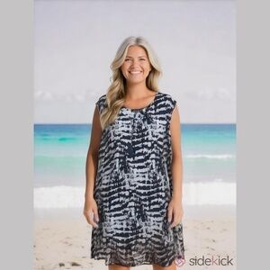 Roaman's Women Tie Dye Blue White Sleeveless Pleated Maxi Dress Plus Size 2X New